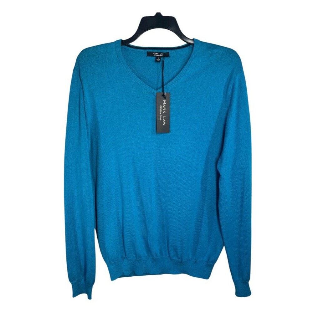 Mark Law Sweater Pima Cotton V-Neck Men's Large Teal Blue Lightweight Knit NWT
